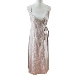 AFTER MARKET Striped Wrap Midi Dress Beige Tan Spaghetti Strap‎ Tie Waist
